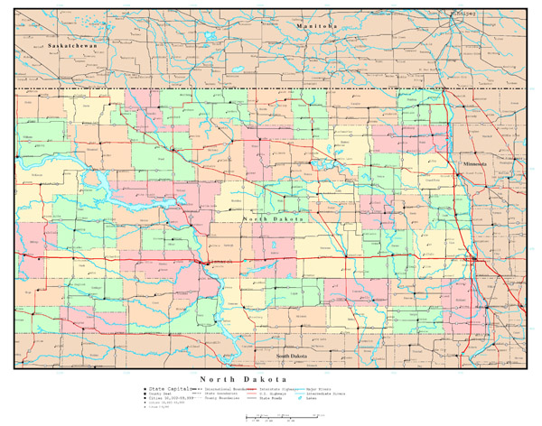 Large detailed administrative map of North Dakota state with roads, highways and all cities.