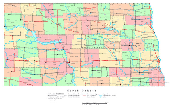 Large detailed administrative map of North Dakota state with roads, highways and cities.