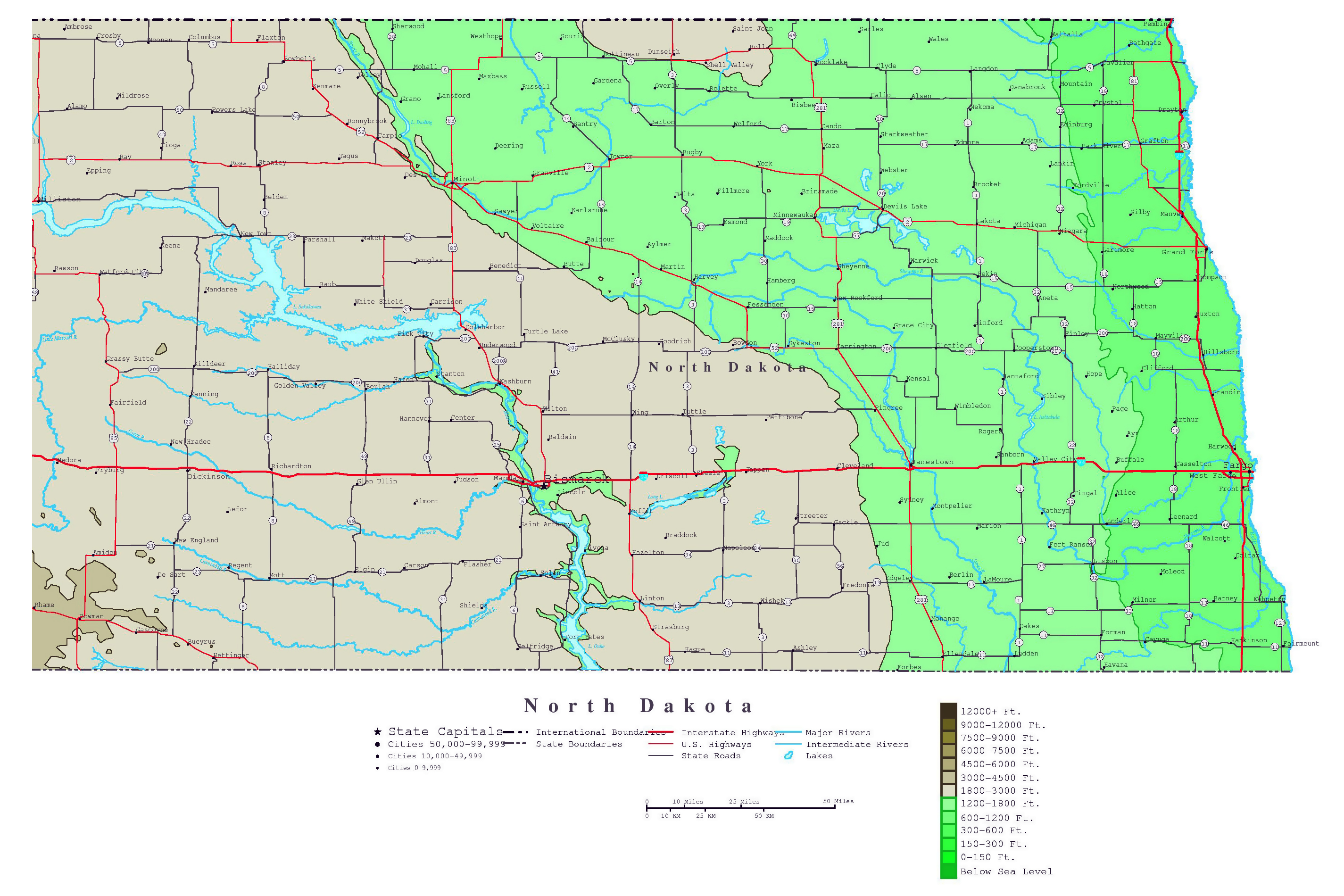 South Dakota Elevation Map Large Detailed Elevation Map Of North Dakota State With Roads And Cities |  Vidiani.com | Maps Of All Countries In One Place