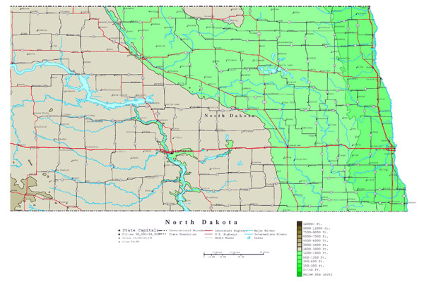 Large detailed elevation map of North Dakota state with roads and cities.