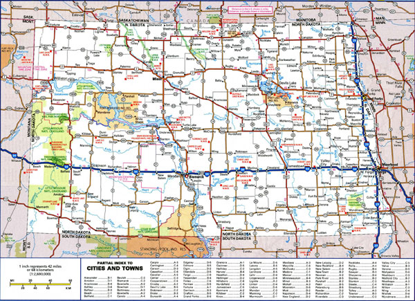 Large detailed roads and highways map of North Dakota state with cities.