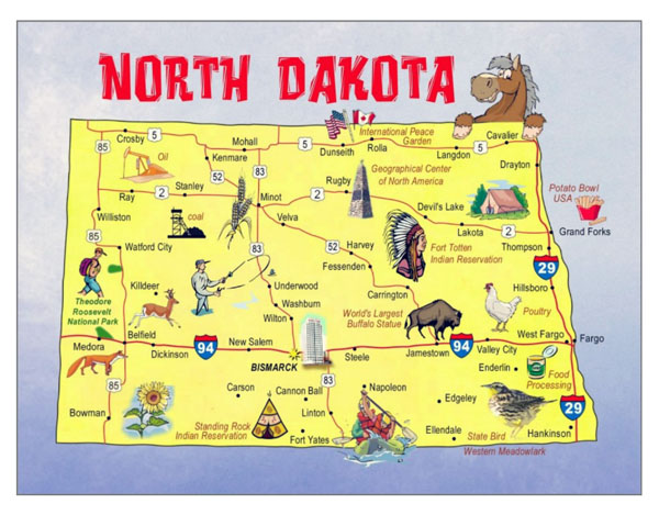 Large tourist illustrated map of North Dakota state.