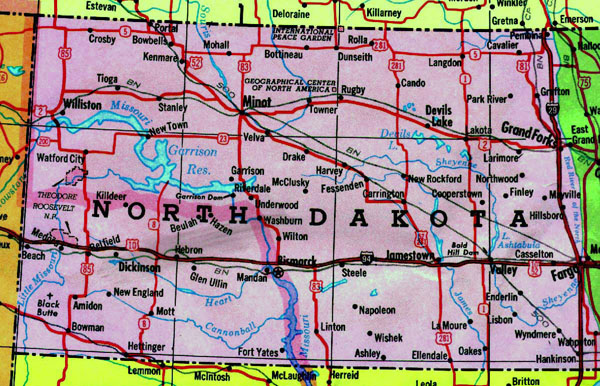 Map of North Dakota state with highways. North Dakota map with highways.