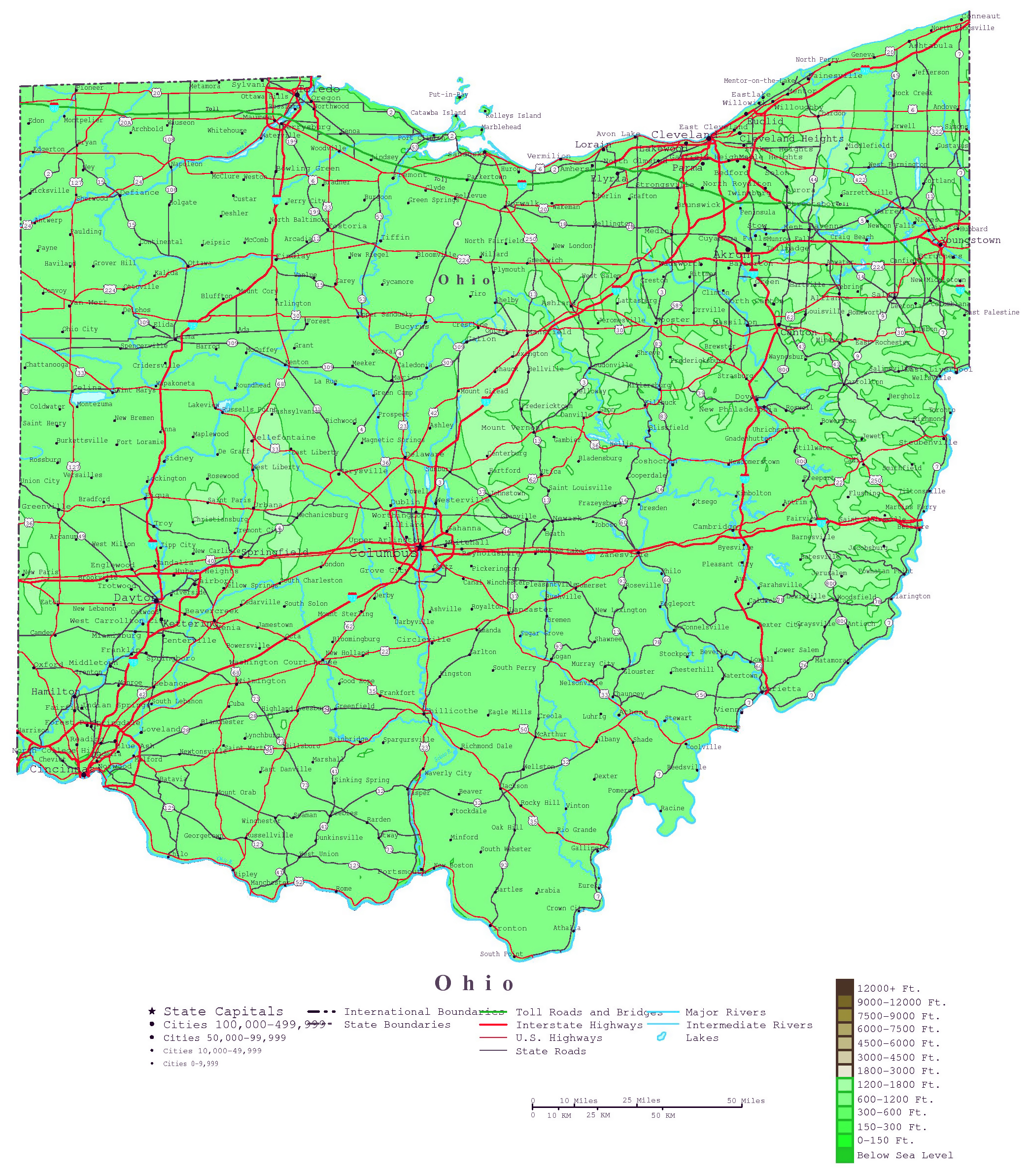 Large Detailed Elevation Map Of Ohio State With Roads And Cities