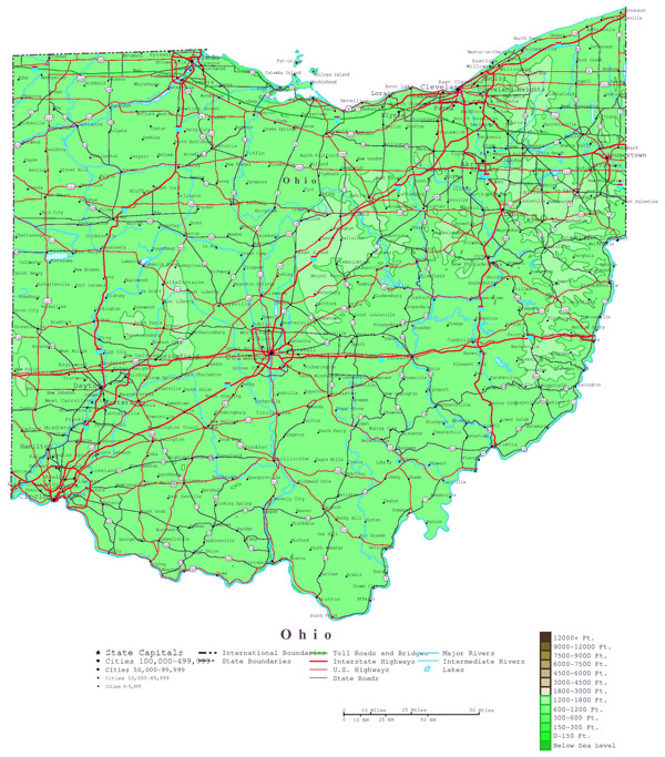 Large detailed elevation map of Ohio state with roads and cities.