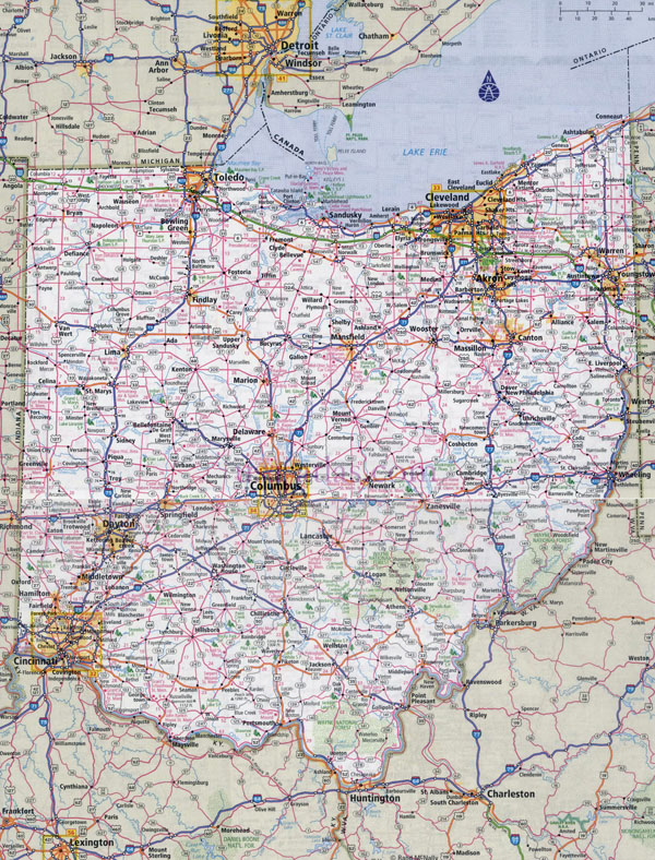 Large detailed roads and highways map of Ohio state with national parks and all cities.