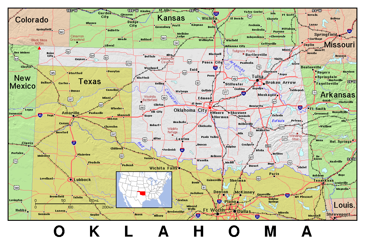 Detailed map of Oklahoma state with relief Maps of all
