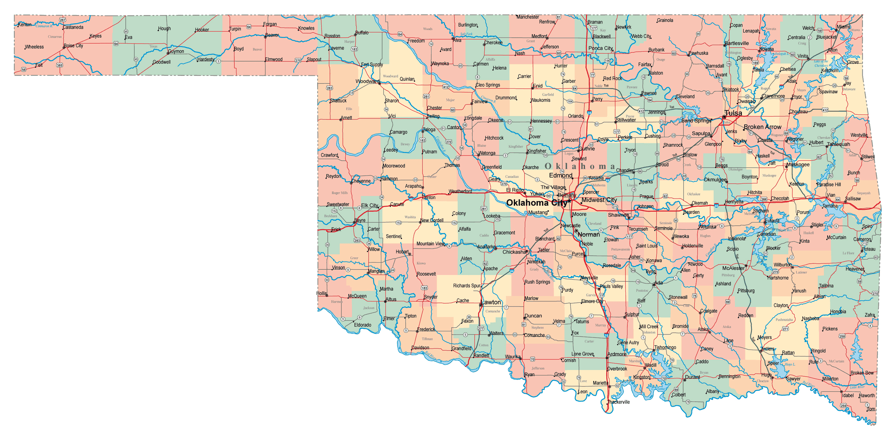 Large administrative map of Oklahoma state with roads, highways and