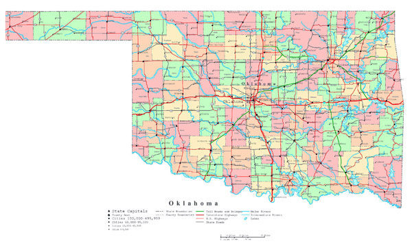 Large detailed administrative map of Oklahoma state with roads, highways and cities.