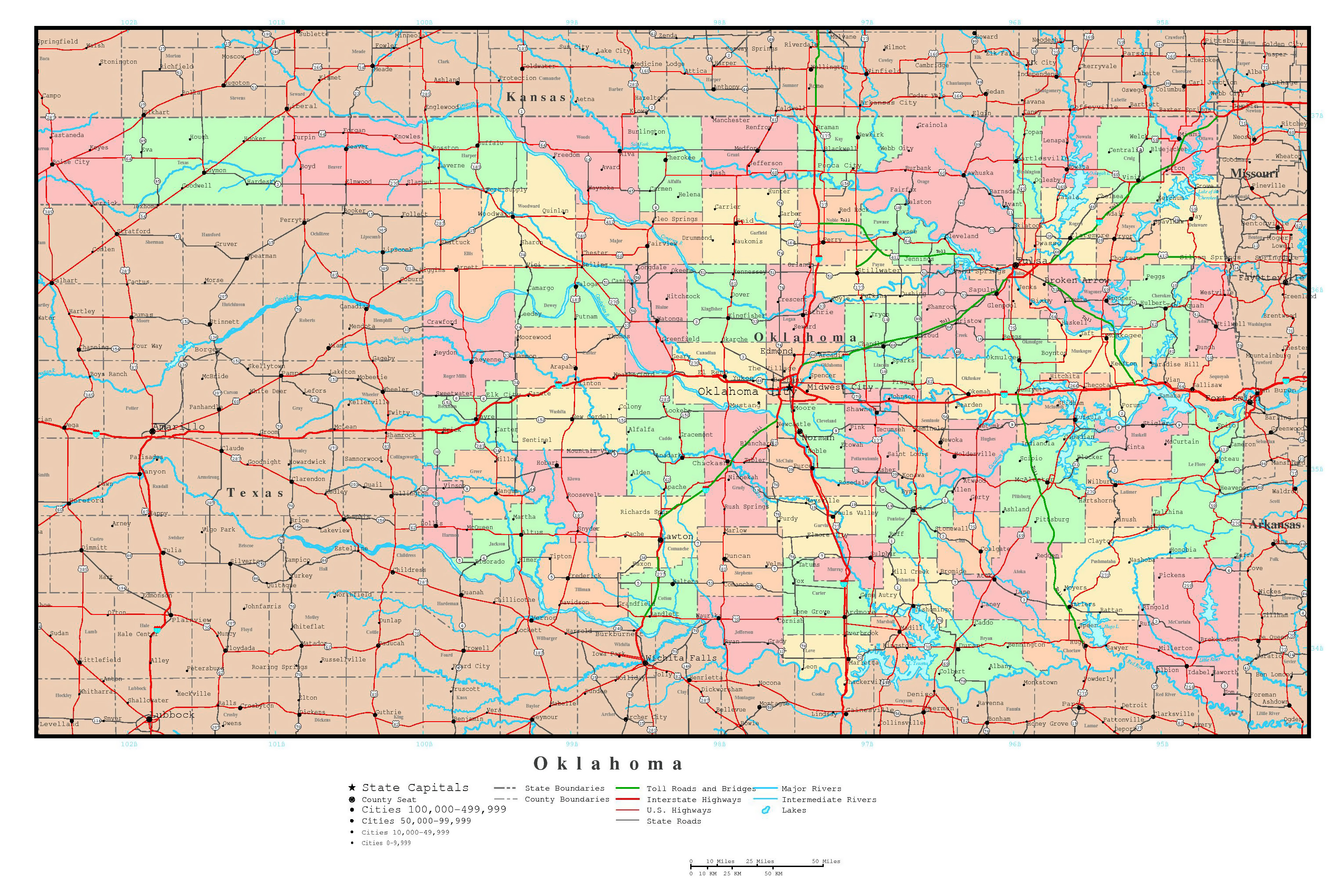 Large Detailed Administrative Map Of Oklahoma State With Roads