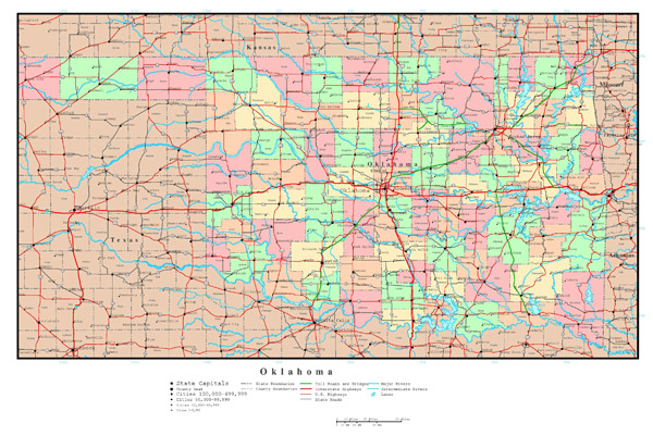 Large detailed administrative map of Oklahoma state with roads, highways and major cities.