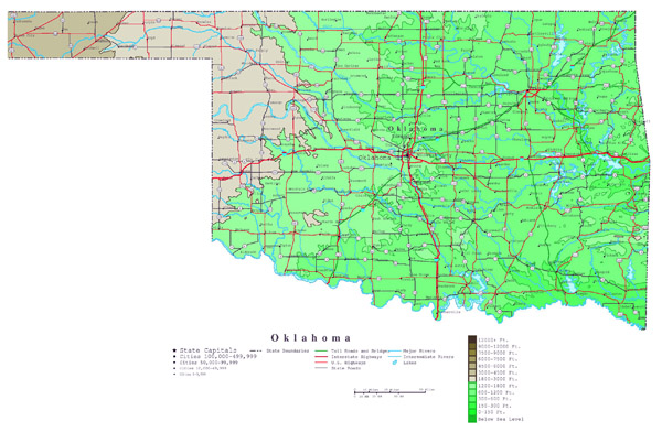 Large detailed elevation map of Oklahoma state with roads, highways and cities.