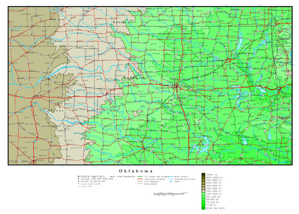 Large detailed elevation map of Oklahoma state with roads, highways and major cities.