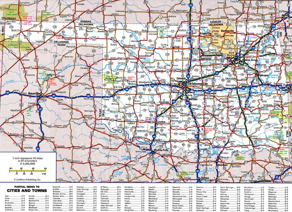 Large detailed roads and highways map of Oklahoma state with all cities.