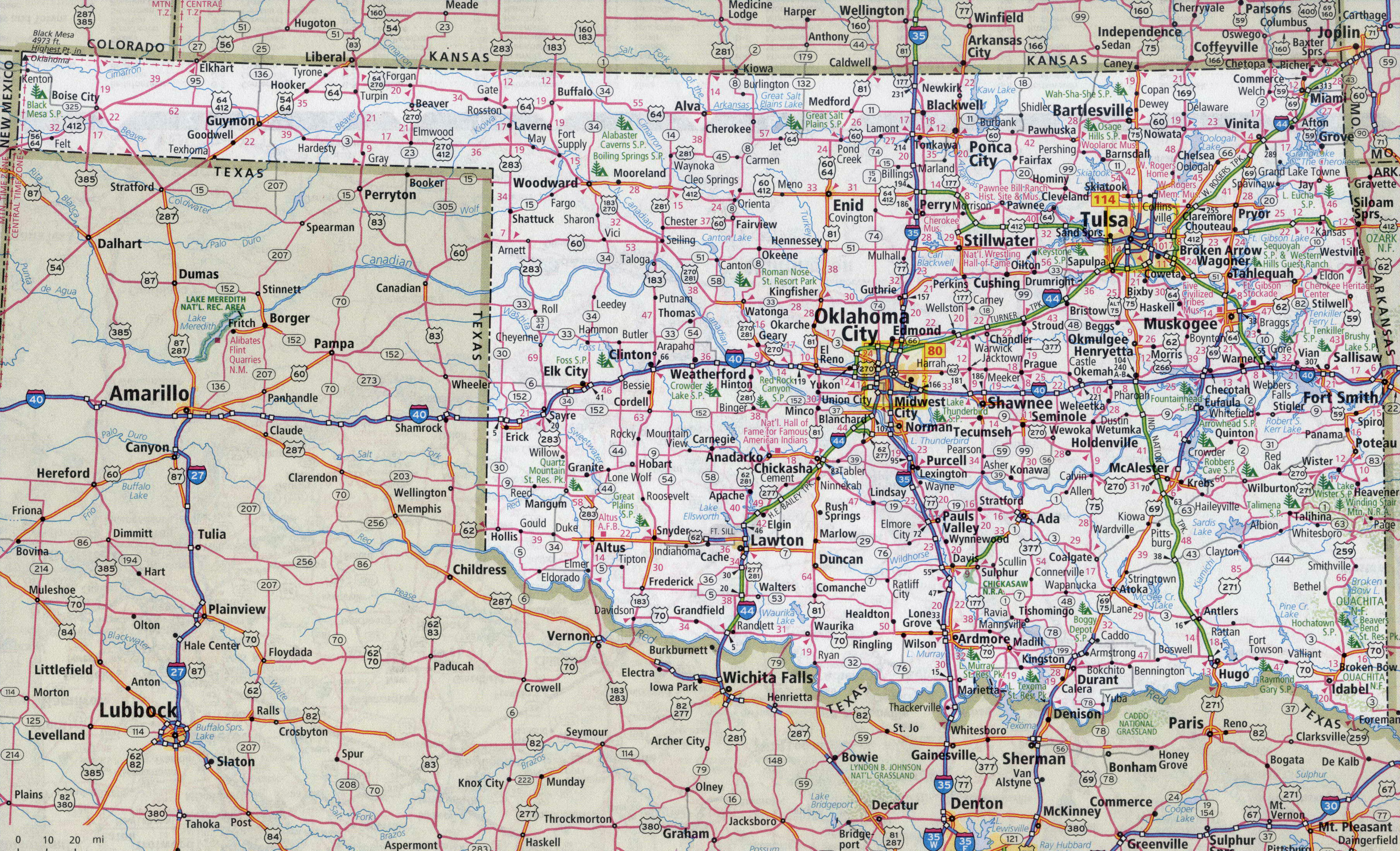 Large detailed roads and highways map of Oklahoma state with national