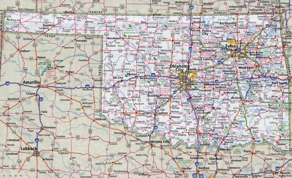 Large detailed roads and highways map of Oklahoma state with national parks and all cities.