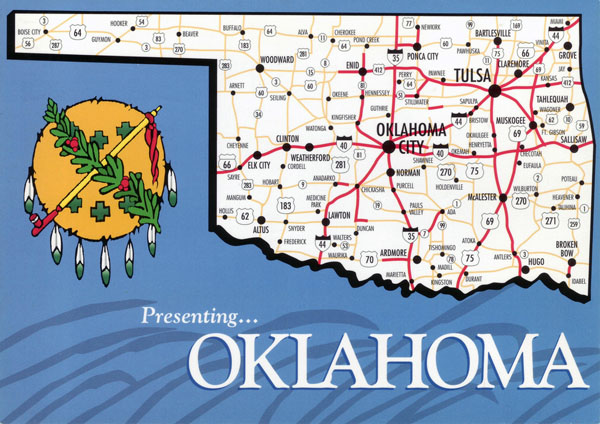 Large map of Oklahoma state with roads and highways.