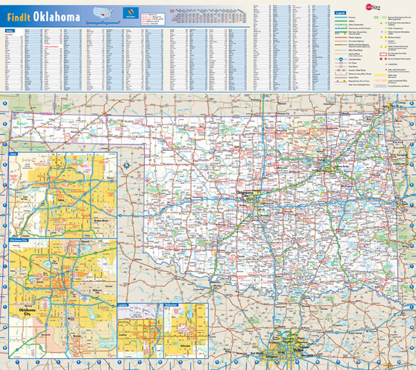 Large roads and highways map of Oklahoma state with national parks, all cities, towns and villages.