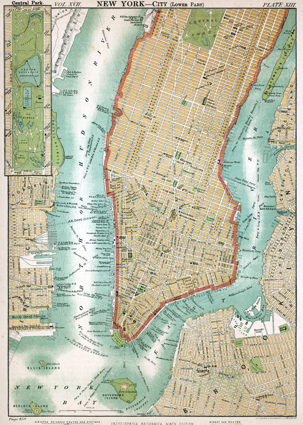 Old detailed map of Manhattan.