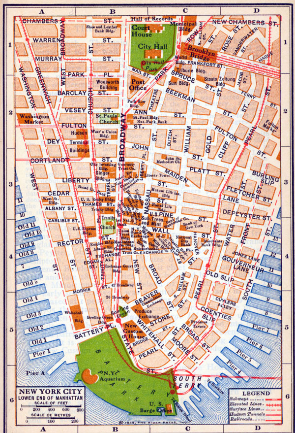 Old detailed road map of New York city of lower Manhattan 1916.