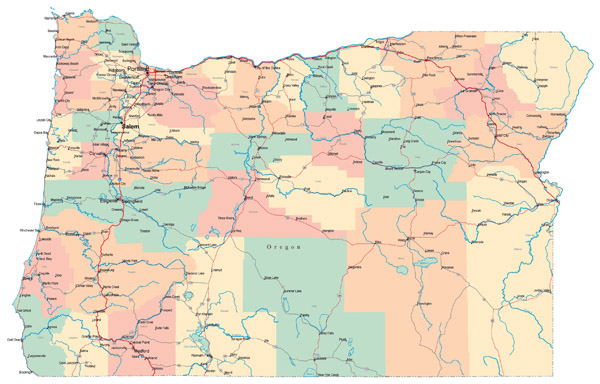 Large administrative map of Oregon state with roads, highways and cities.