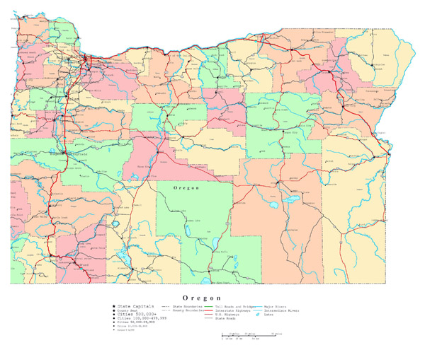 Large detailed administrative map of Oregon state with roads, highways and cities.