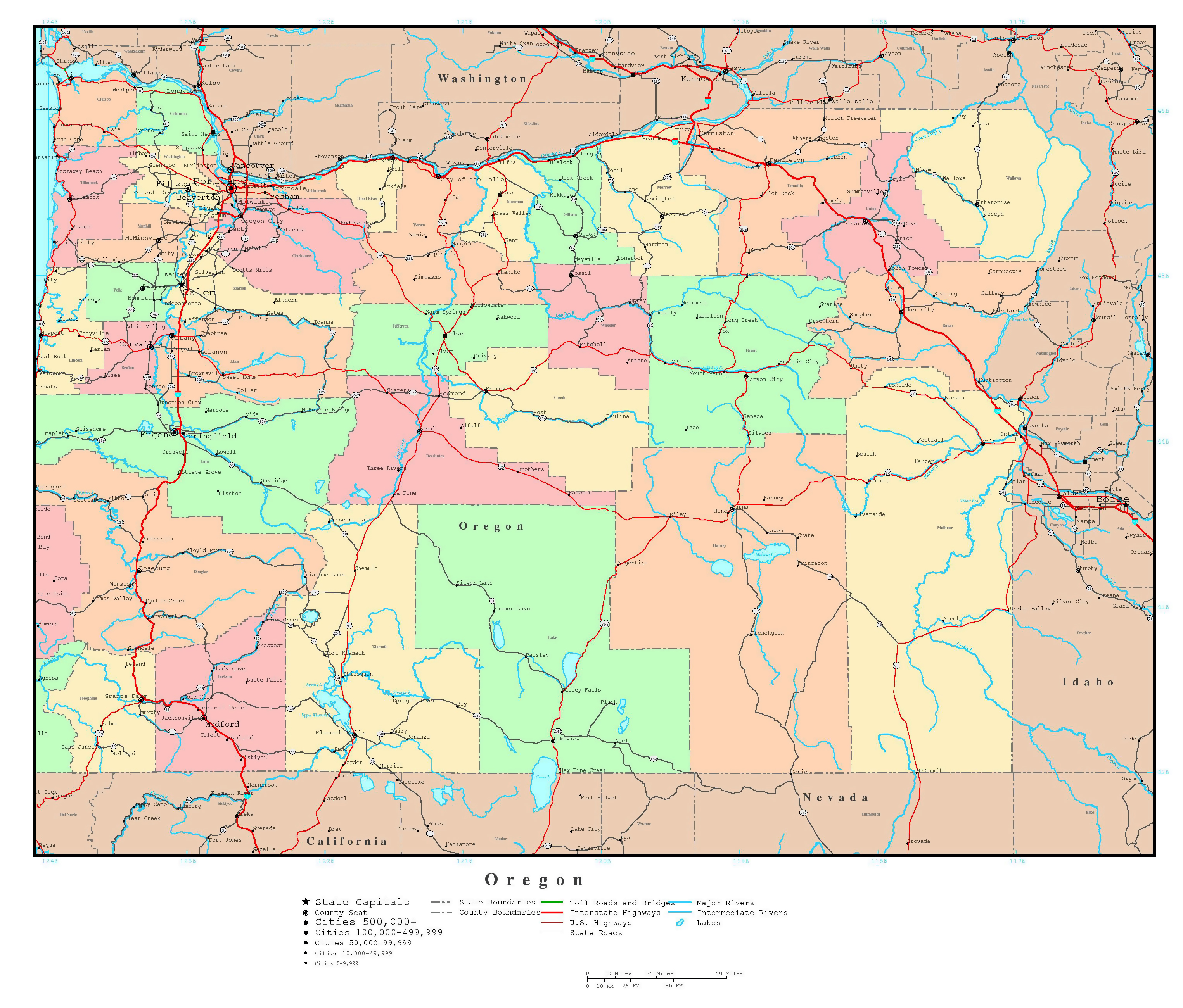 Large Detailed Administrative Map Of Oregon State With Roads