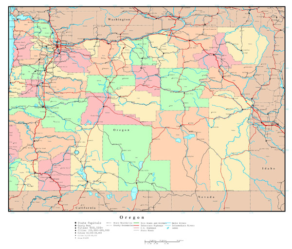Large detailed administrative map of Oregon state with roads, highways and major cities.