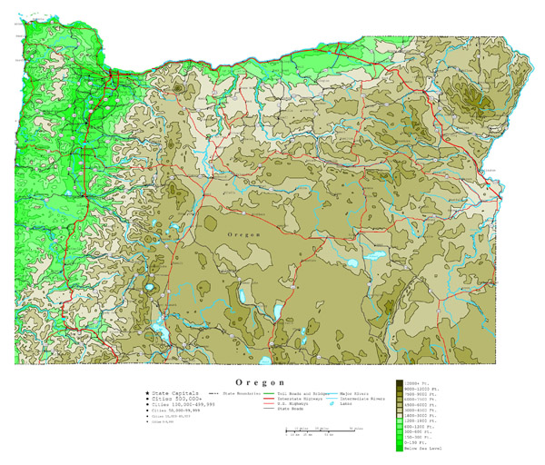 Large detailed elevation map of Oregon state with roads, highways and cities.