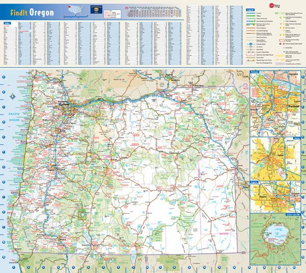 Large roads and highways map of Oregon state with national parks and cities.