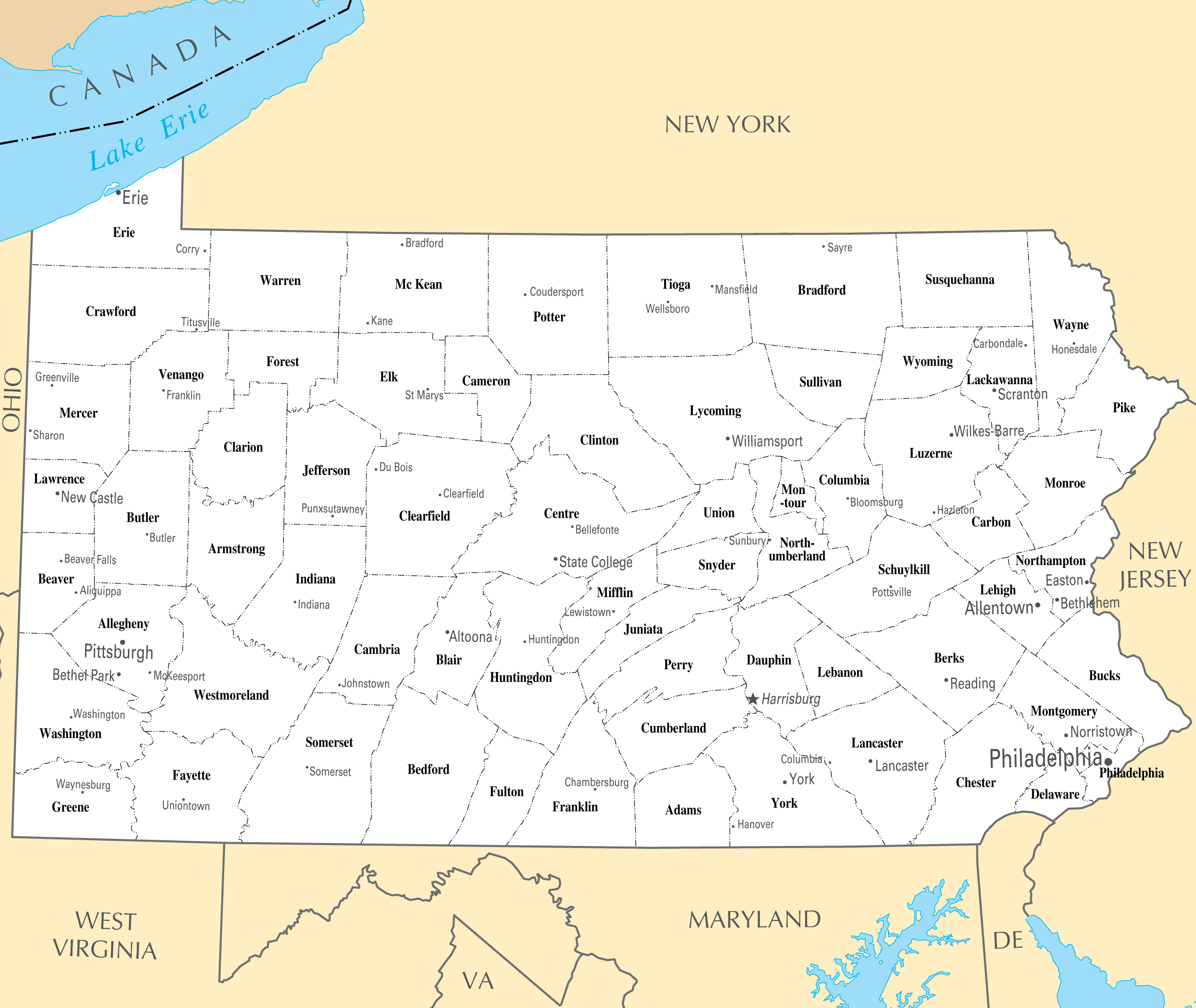 Large Administrative Map Of Pennsylvania State