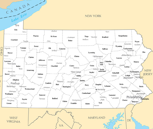 Large administrative map of Pennsylvania state.
