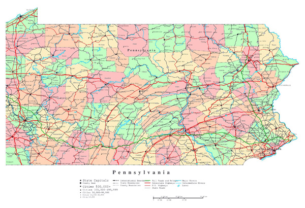Large detailed administrative map of Pennsylvania state with roads, highways and cities.