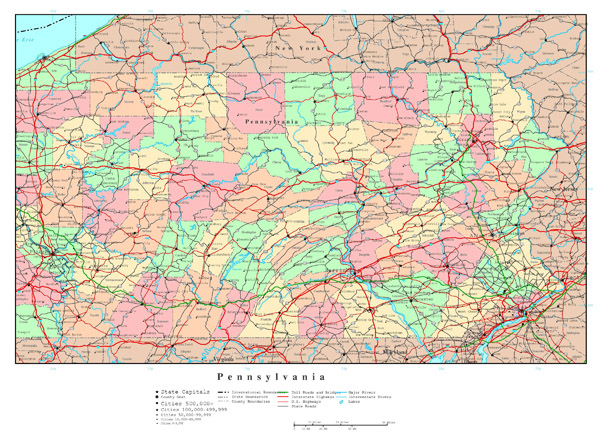 Large detailed administrative map of Pennsylvania state with roads, highways and major cities.