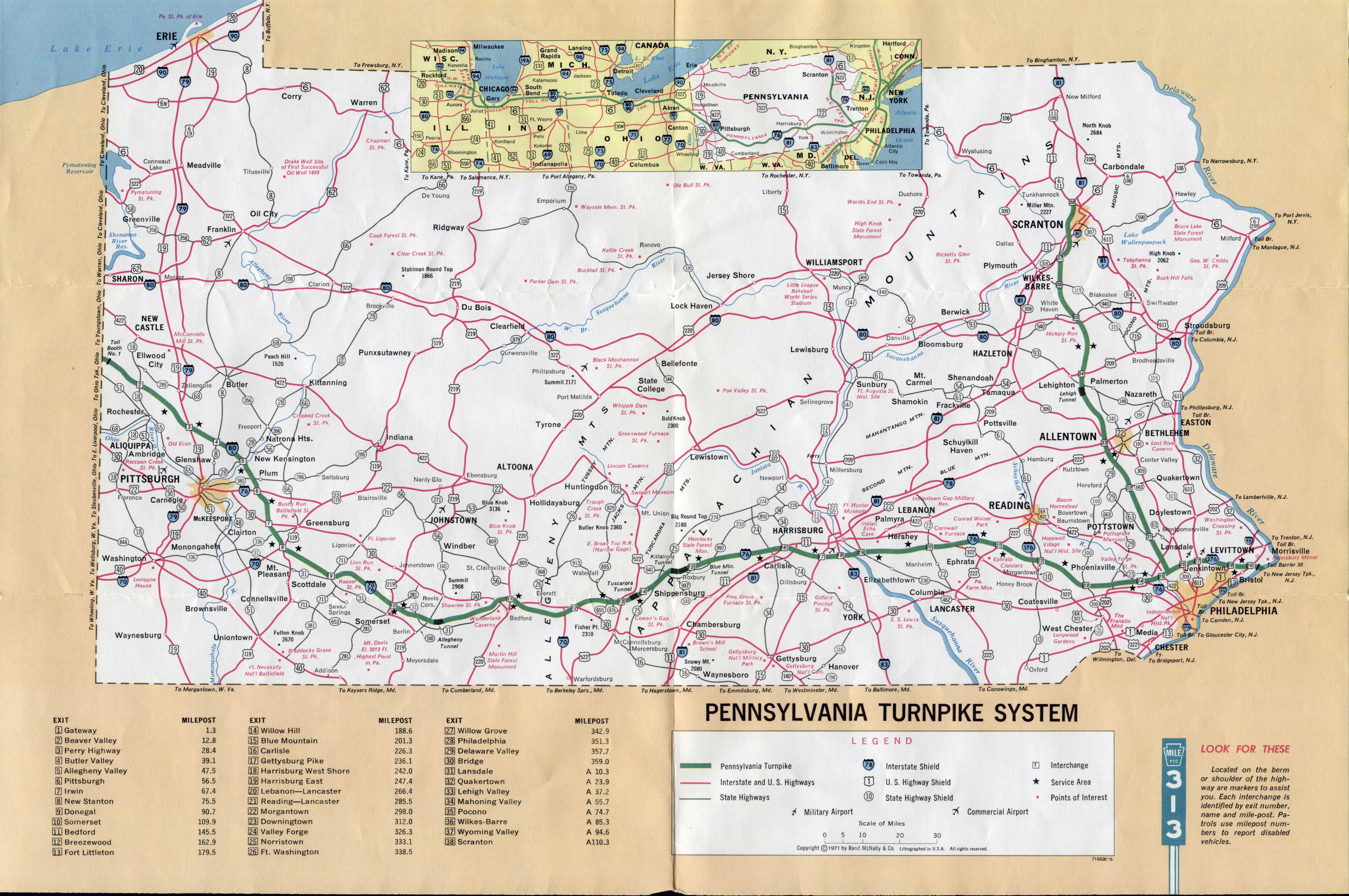 Large Detailed Map Of Pennsylvania Turnpike System 1971 Vidiani Com Maps Of All Countries In One Place