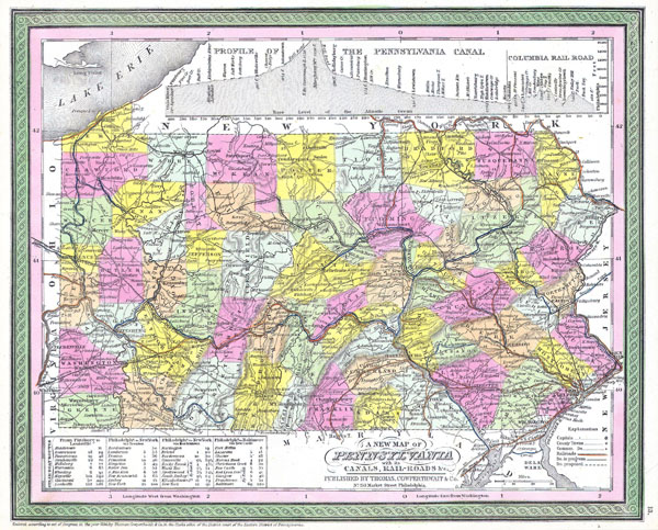 Large detailed old administrative map of Pennsylvania state - 1850.