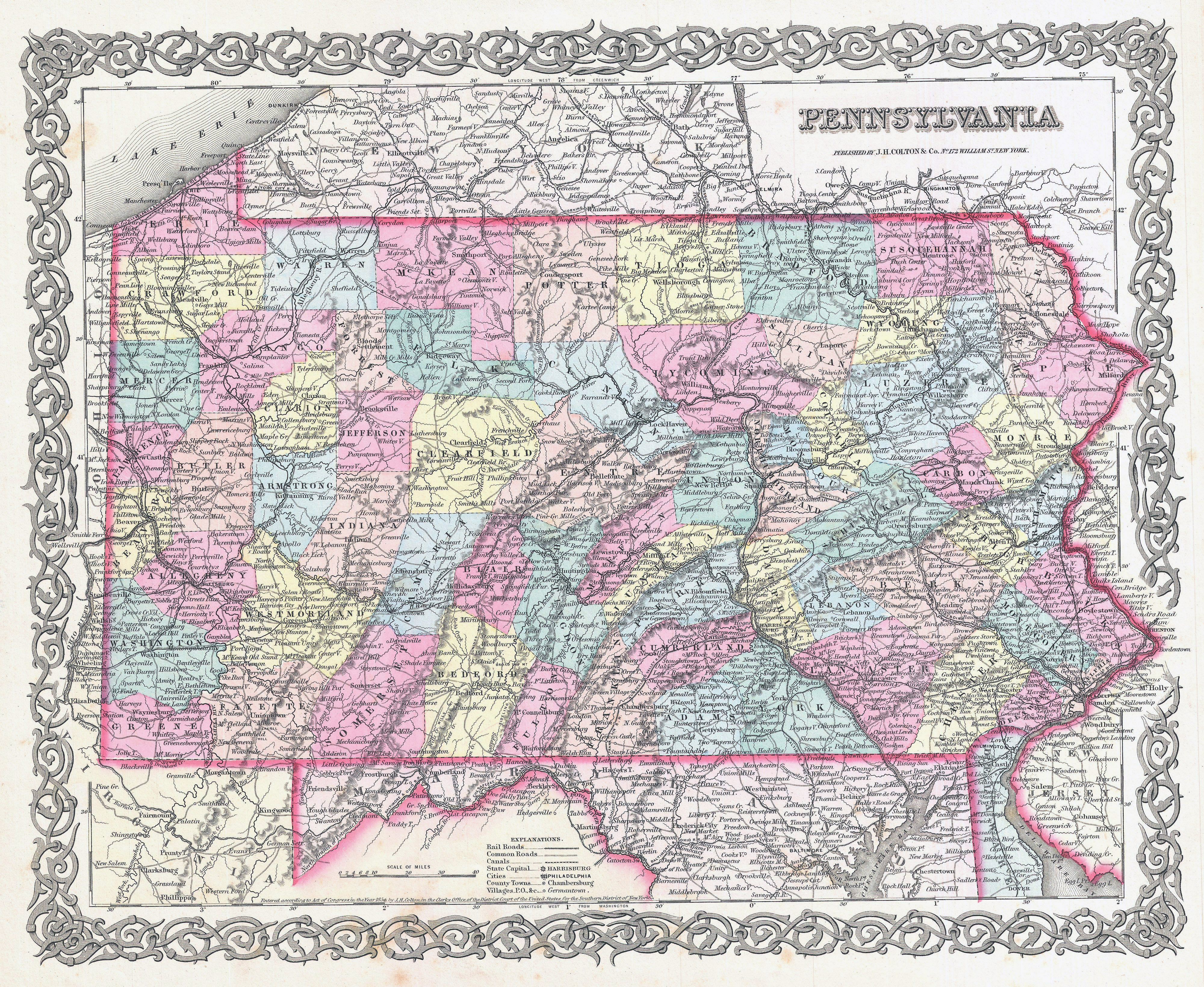 Large Detailed Old Administrative Map Of Pennsylvania State 1855