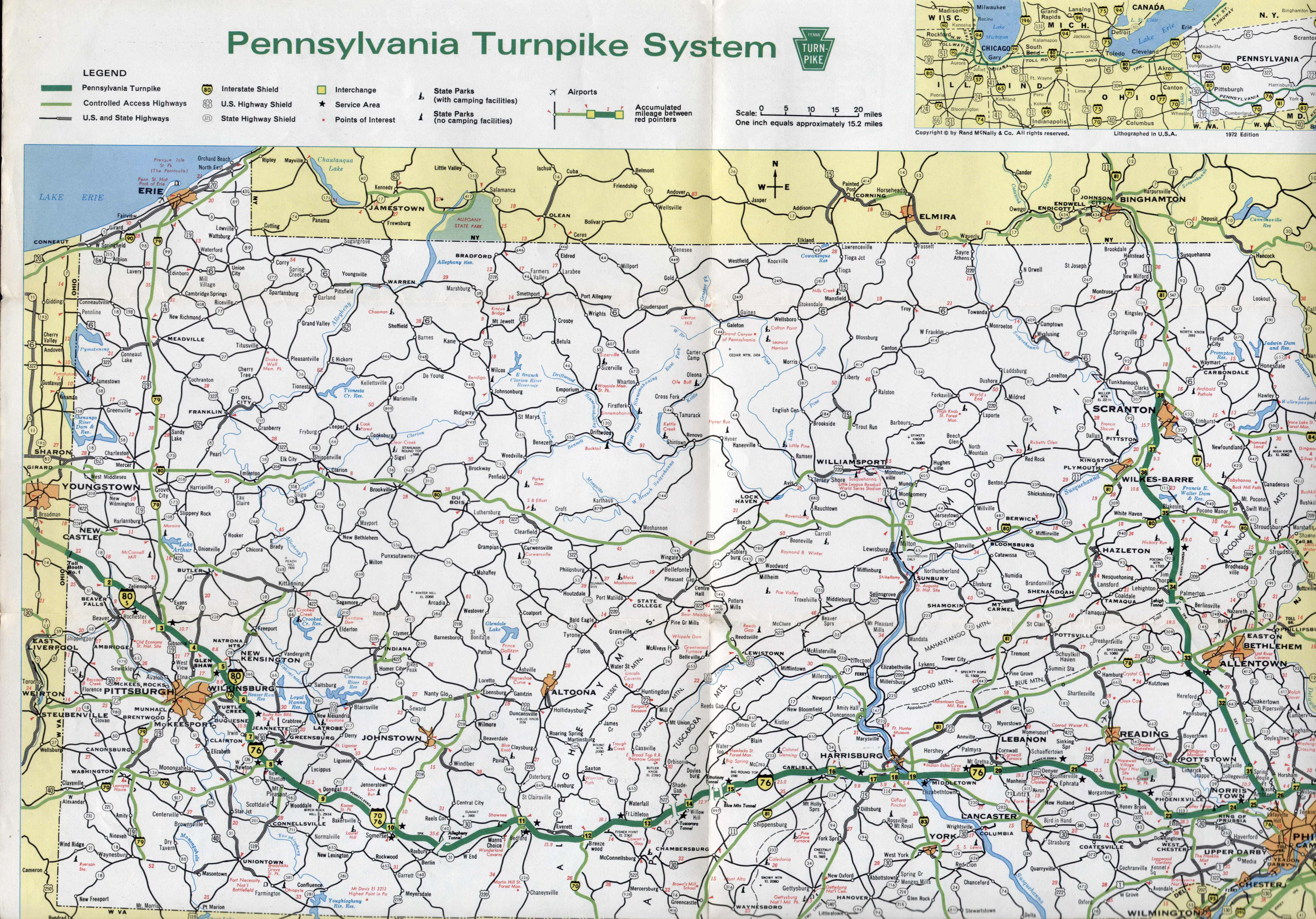 Large Detailed Pennsylvania State Turnpike System Map 1972