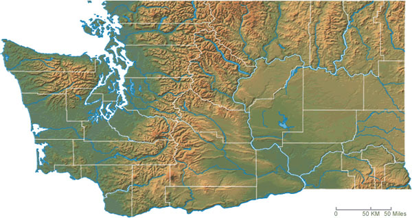 Physical map of Washington. Washington physical map.