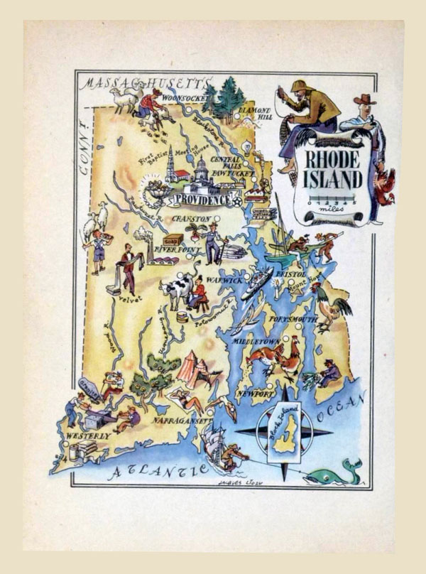 Detailed tourist illustrated map of Rhode Island state.