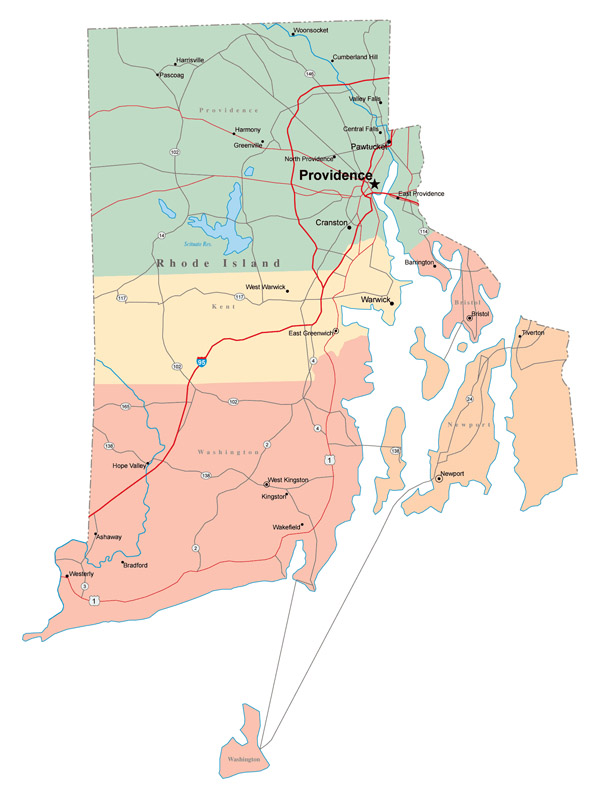 Large administrative map of Rhode Island state with roads, highways and major cities.