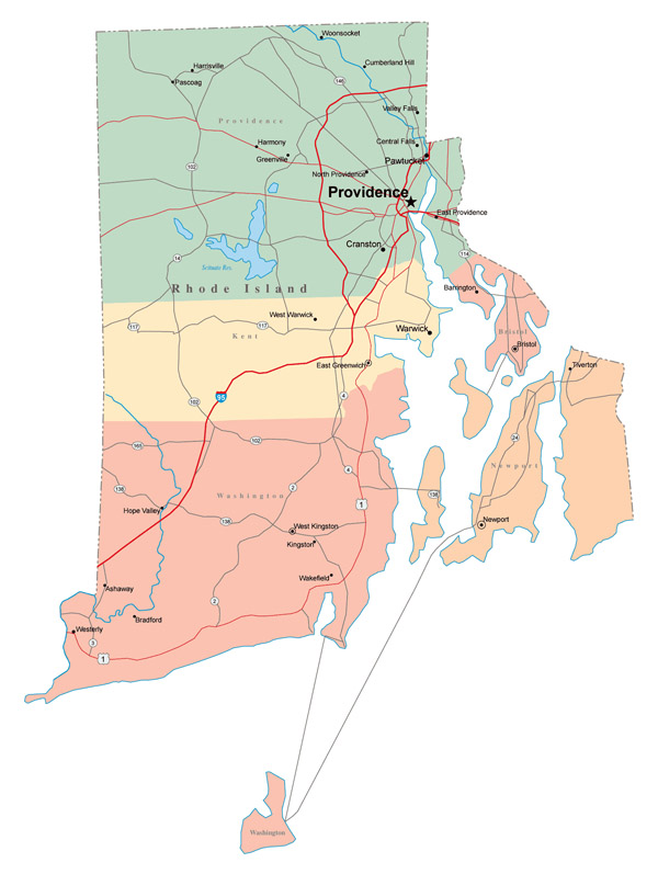 Large administrative map of Rhode Island state with roads, highways and