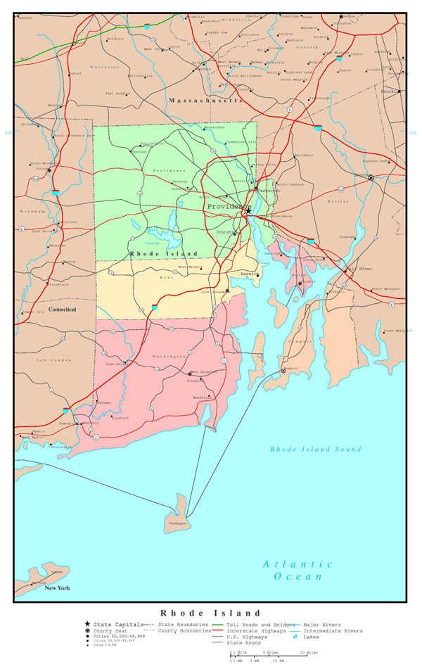 Large detailed administrative map of Rhode Island state with roads, highways and major cities.