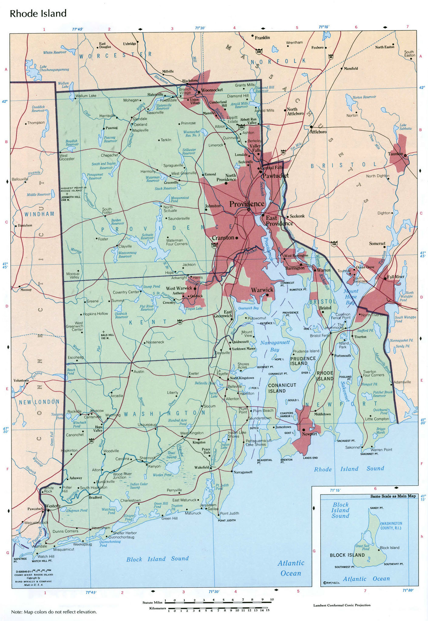 Large detailed map of Rhode Island state with administrative divisions 