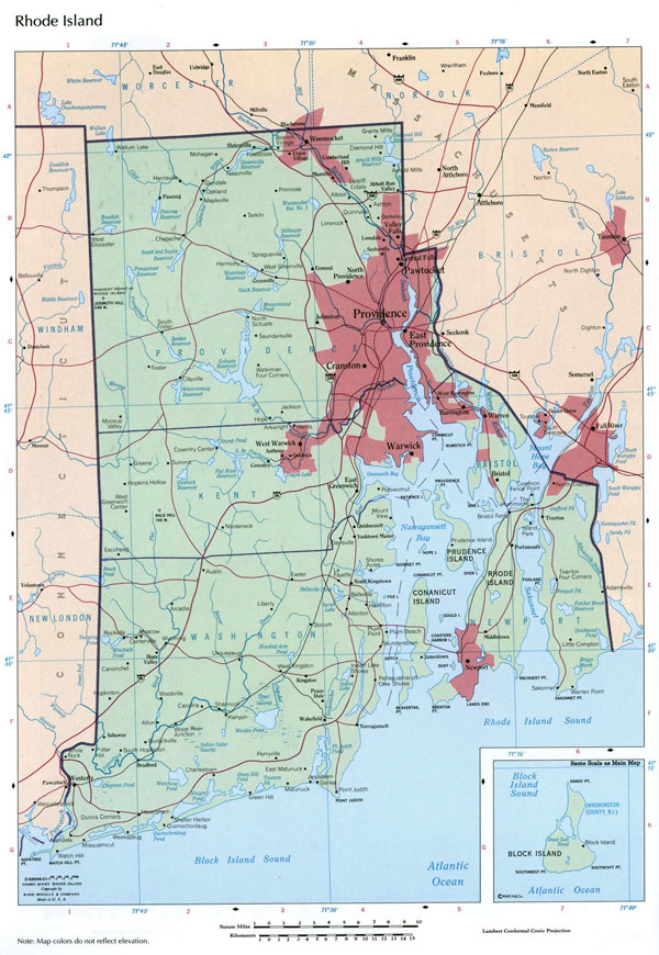 Large detailed map of Rhode Island state with administrative divisions, roads and cities.