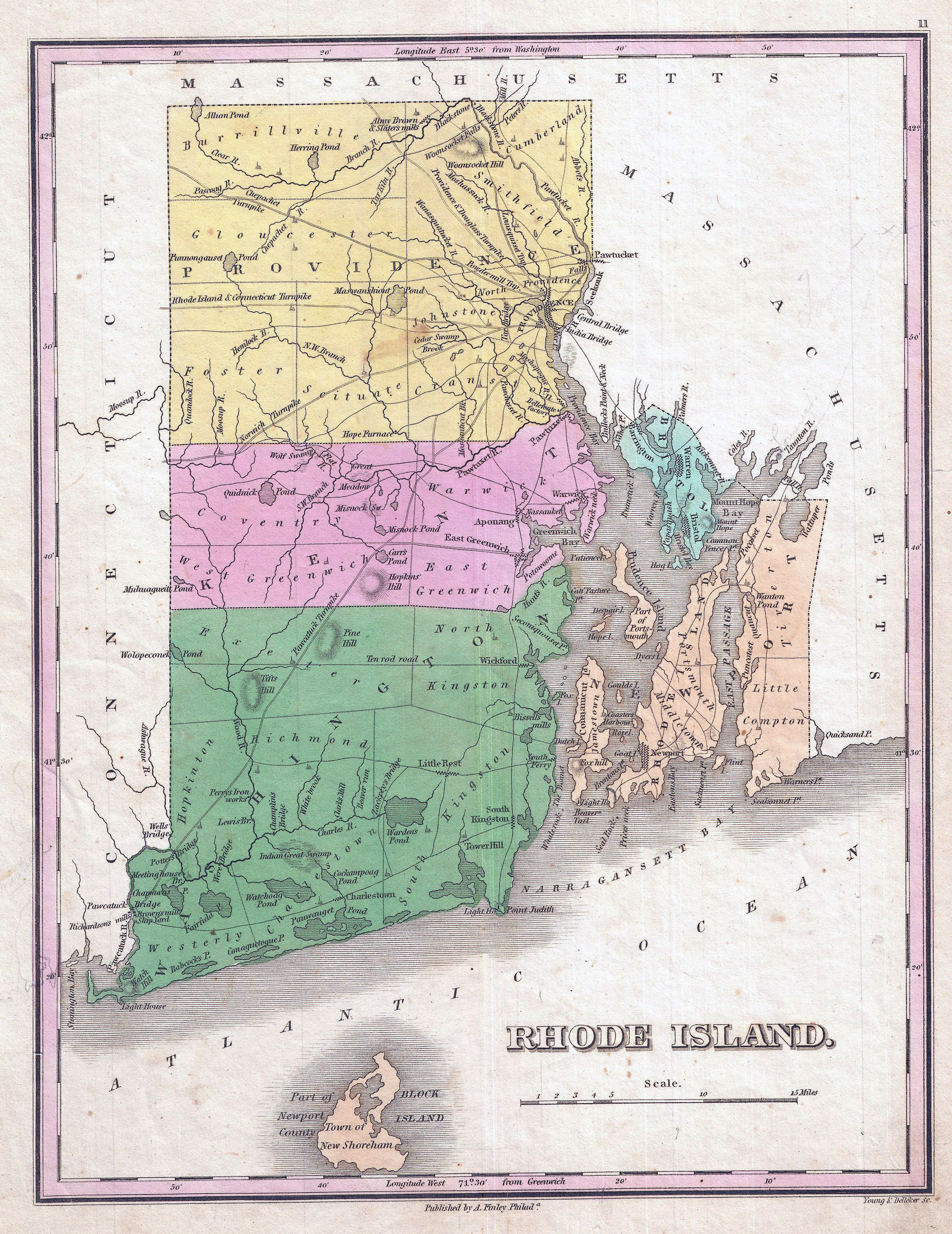 Large detailed old administrative map of Rhode Island state 1827
