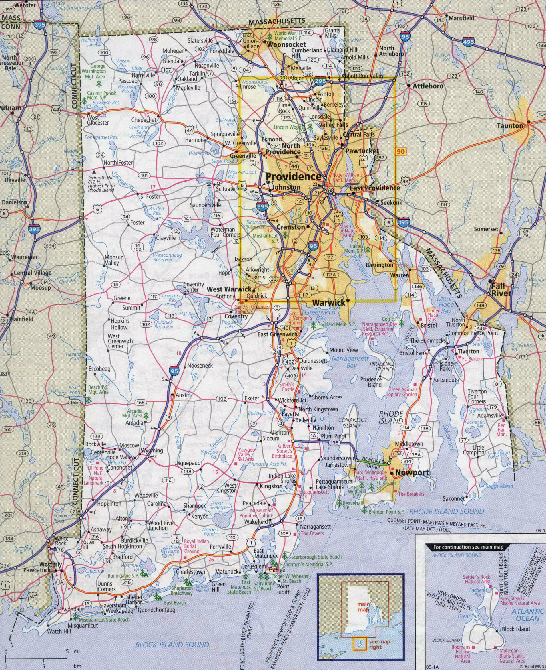 Large detailed roads and highways map of Rhode Island state with cities