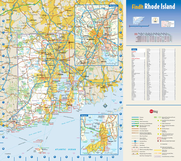 Large detailed roads and highways map of Rhode Island state with national parks and all cities.