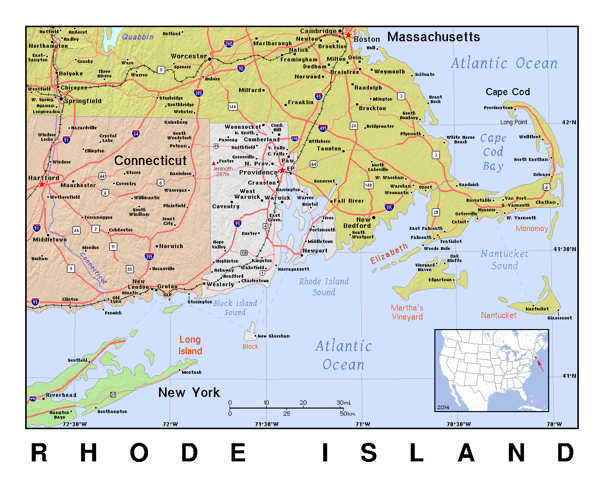 Large Map Of Rhode Island With Relief Rhode Island Large Map With