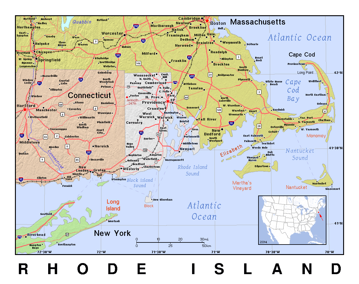 Large map of Rhode Island with relief. Rhode Island large map with